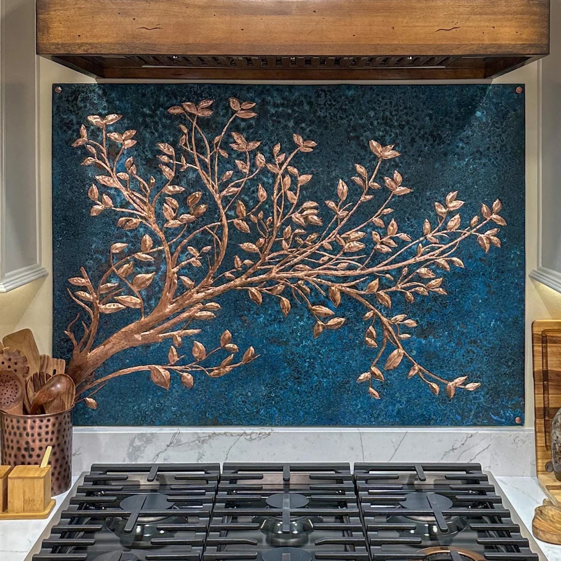 Blue Copper Tree Branches Backsplash | Artistic Handmade Copper Kitchen Backsplash Panel - Natuross