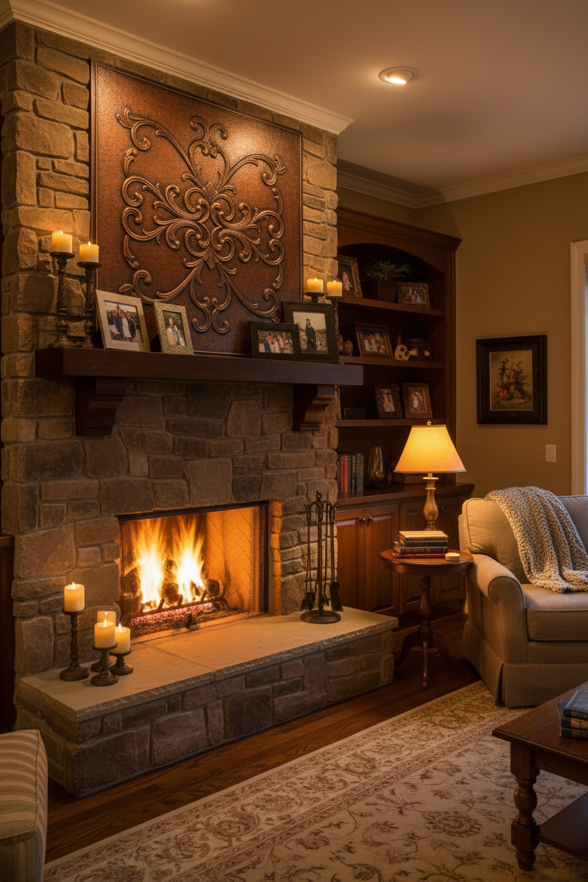 Scrollwork Copper Panel - 38x38 inch fireplace art
