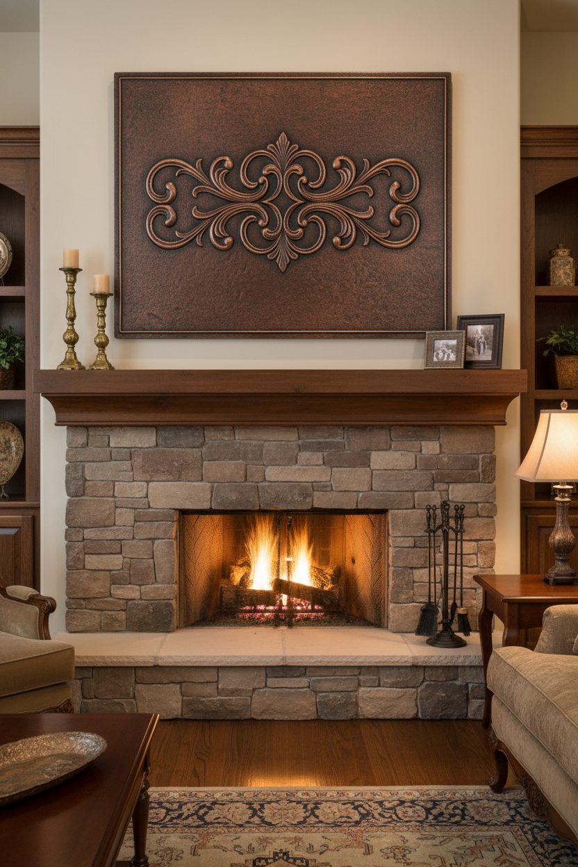 Scrollwork Copper Panel - 38x38 inch handcrafted fireplace art in brown patina finish