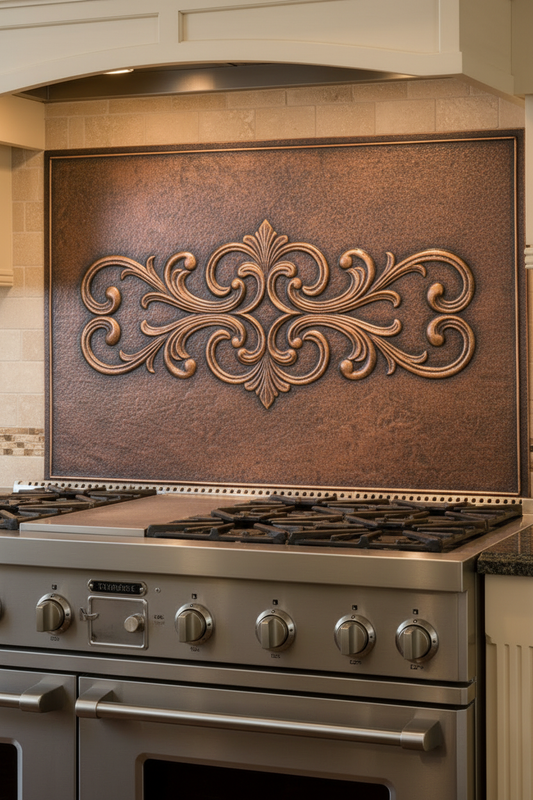 Scrollwork Copper Panel - 52x36 inch handmade decorative backsplash close-up