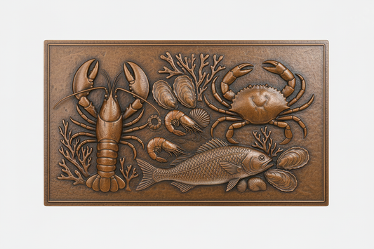 Seafood Themed Copper Backsplash brown patina