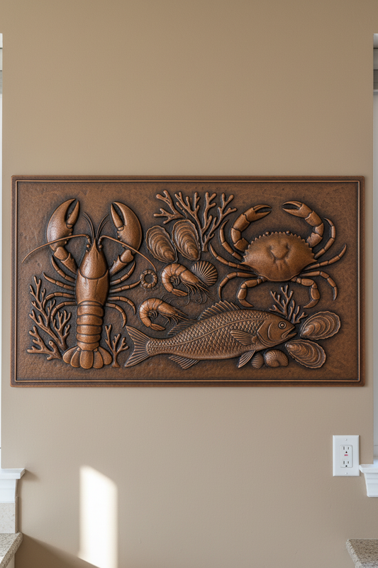 Seafood Themed Copper Backsplash - close-up front view