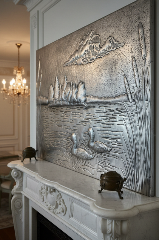 Side-angle detail of silver lake scene panel showing raised embossing hand-hammered texture and artisanal craftsmanship