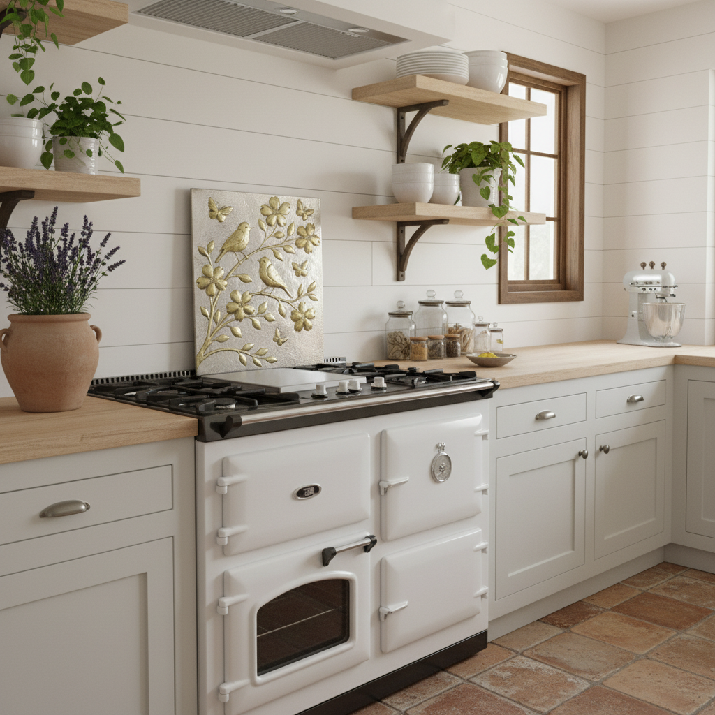 Side view of dimensional hand-hammered metal backsplash in modern farmhouse kitchen