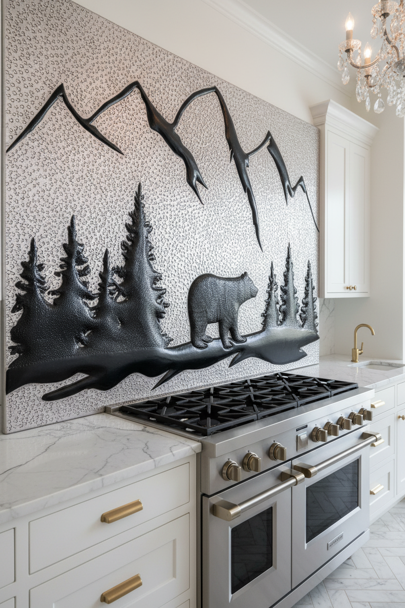 Silver Black Bear Panel EXTREMELY CLOSE Stove Backsplash Angled Left View Dream Luxury Kitchen