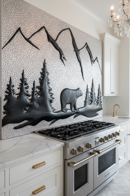 Silver Black Bear Panel EXTREMELY CLOSE Stove Backsplash Angled Left View Dream Luxury Kitchen