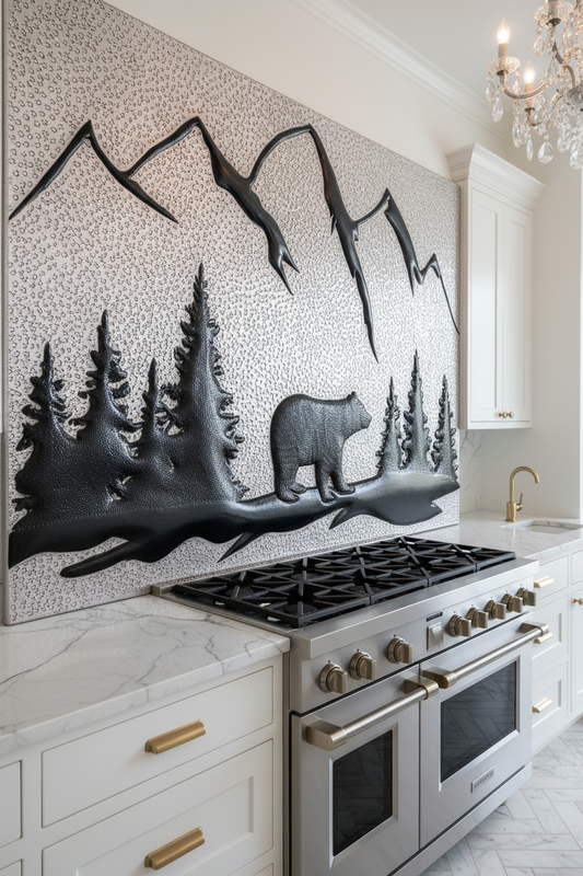 Silver Black Bear Panel EXTREMELY CLOSE Stove Backsplash Angled Left View Dream Luxury Kitchen