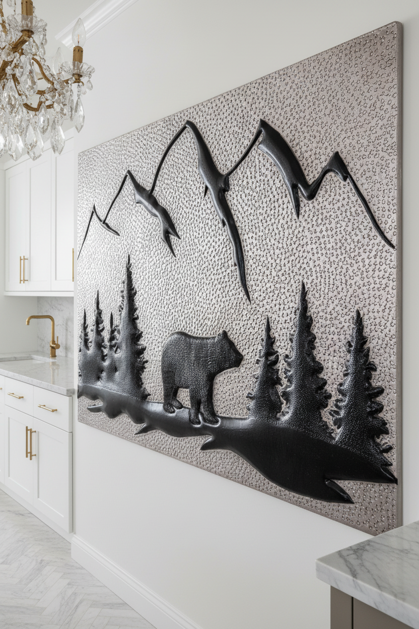 Silver Black Bear Panel EXTREMELY CLOSE Stove Backsplash Angled Right View Dream Luxury Kitchen