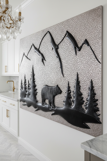 Silver Black Bear Panel EXTREMELY CLOSE Stove Backsplash Angled Right View Dream Luxury Kitchen