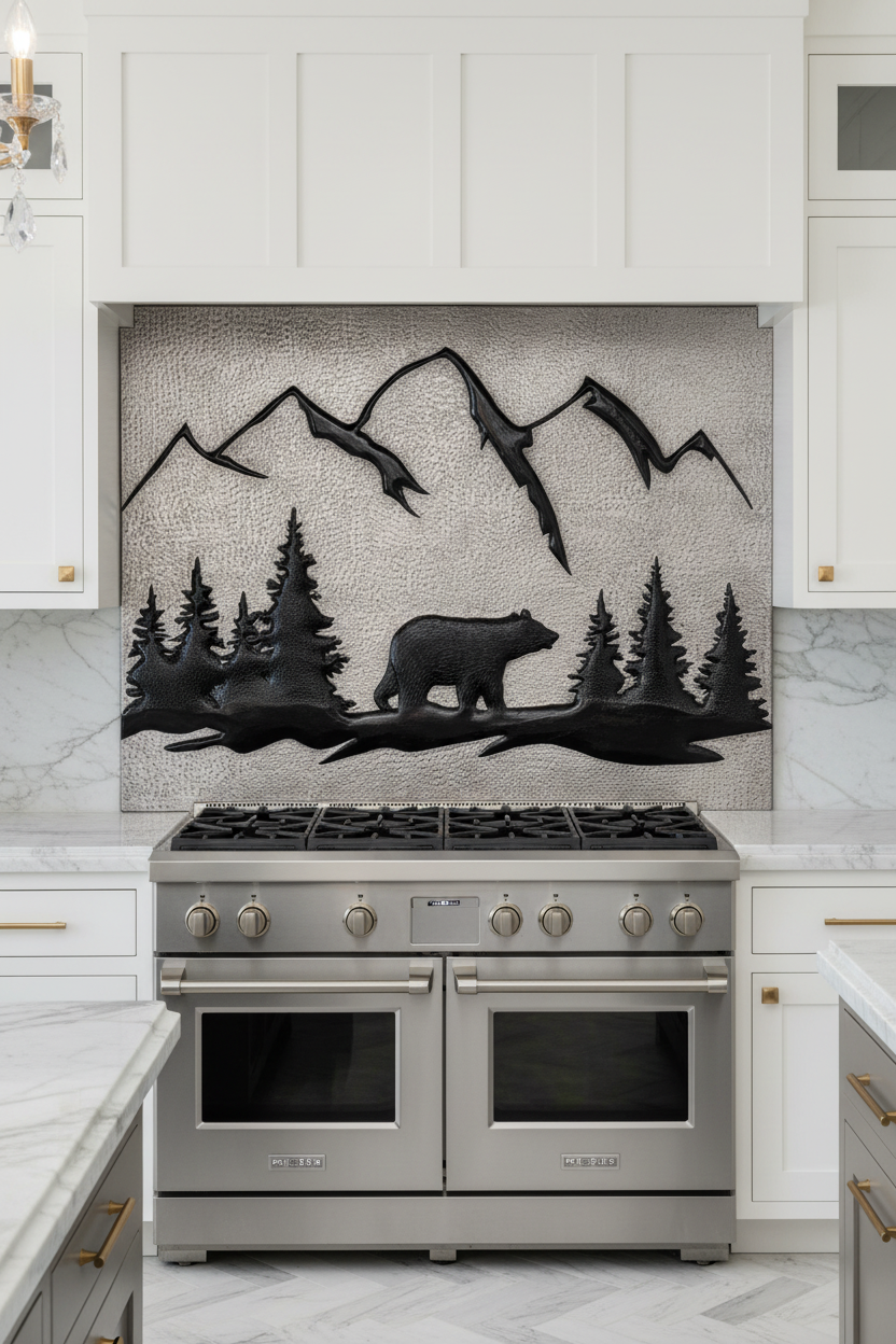 Silver Black Bear Panel EXTREMELY CLOSE Stove Backsplash Front View Dream Luxury Kitchen Correct