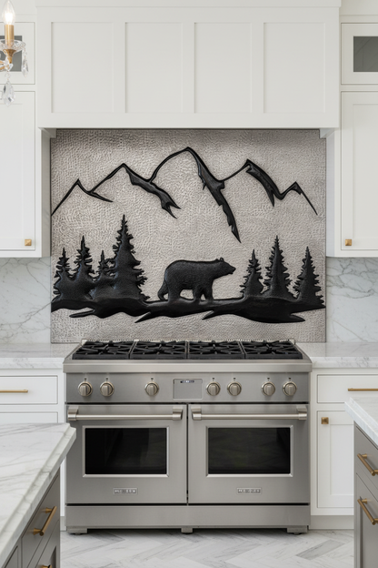 Silver Black Bear Panel EXTREMELY CLOSE Stove Backsplash Front View Dream Luxury Kitchen Correct