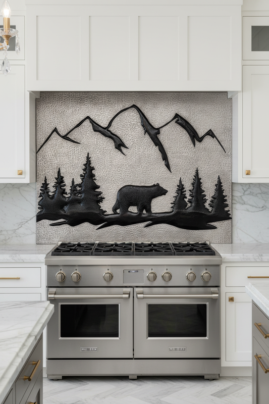 Silver Black Bear Panel EXTREMELY CLOSE Stove Backsplash Front View Dream Luxury Kitchen Correct