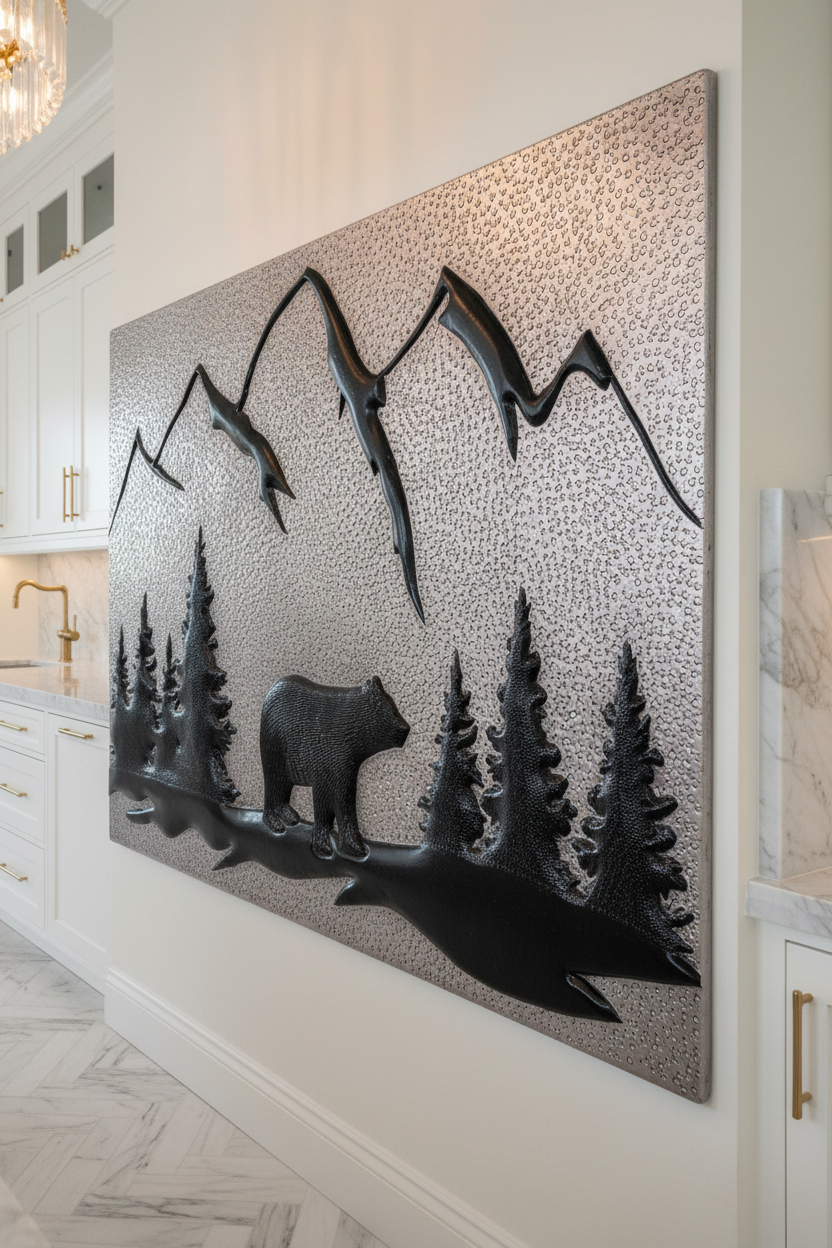 Silver Black Bear Panel EXTREMELY CLOSE Stove Backsplash Slight Angled Left View Dream Luxury Kitchen