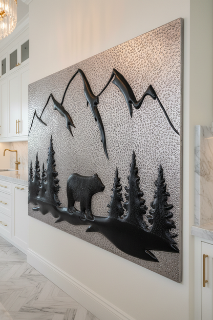 Silver Black Bear Panel EXTREMELY CLOSE Stove Backsplash Slight Angled Left View Dream Luxury Kitchen