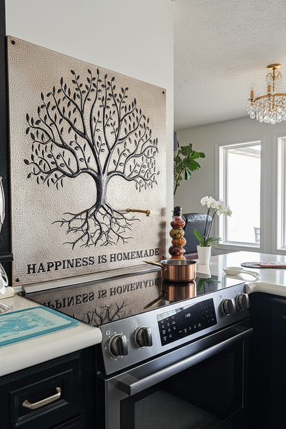 Silver Black Tree With Roots Copper Backsplash Large Panel EXTREMELY CLOSE Angled Right View Dream Luxury Kitchen Perfect Color Texture 6mm Thickness