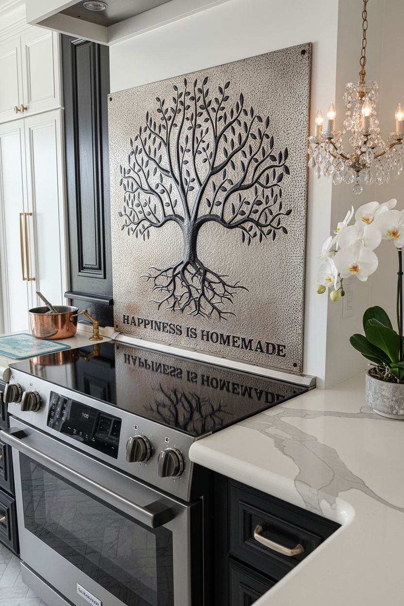 Silver Black Tree With Roots Copper Backsplash Large Panel EXTREMELY CLOSE Slight Angled Right View Dream Luxury Kitchen Perfect Color Texture 6mm Thickness