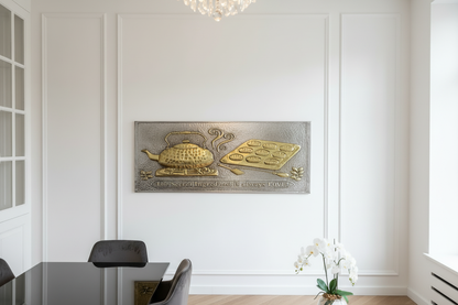 Silver Gold Tea Kettle Tray Panel Breakfast Nook Focal Point