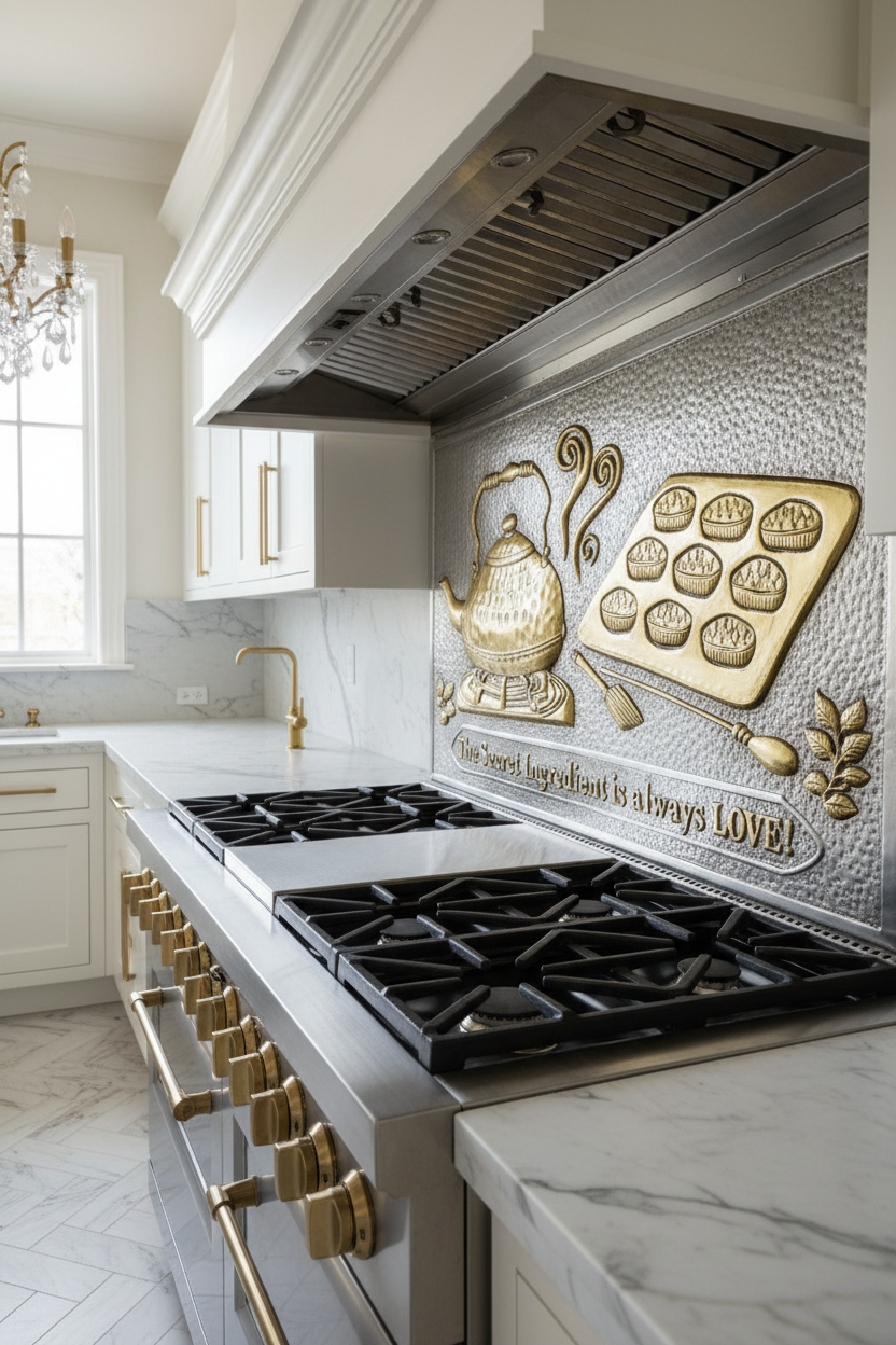 Silver Gold Tea Kettle Tray Panel EXTREMELY CLOSE Stove Backsplash Angled Right View Correct Product Photo
