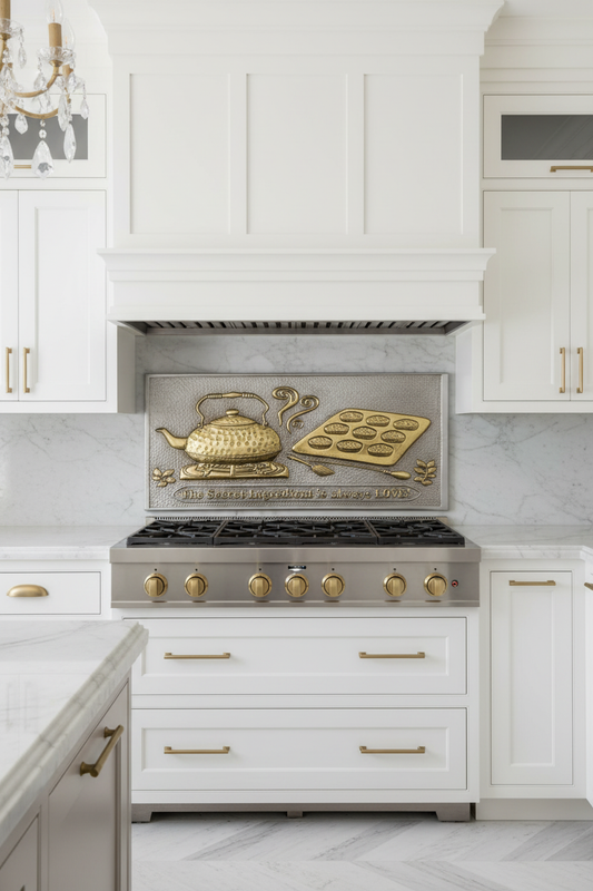 Silver Gold Tea Kettle Tray Panel EXTREMELY CLOSE Stove Backsplash Front View Correct Product Photo