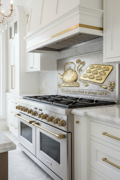 Silver Gold Tea Kettle Tray Panel EXTREMELY CLOSE Stove Backsplash Slight Angled Left View Correct Product Photo