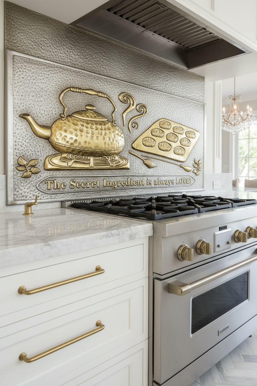 Silver Gold Tea Kettle Tray Panel EXTREMELY CLOSE Stove Backsplash Slight Angled Right View Correct Product Photo