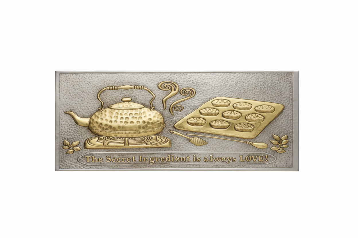 Silver Gold Tea Kettle Tray Panel Front View White Background Correct Design Silver Background Brass Gold Relief