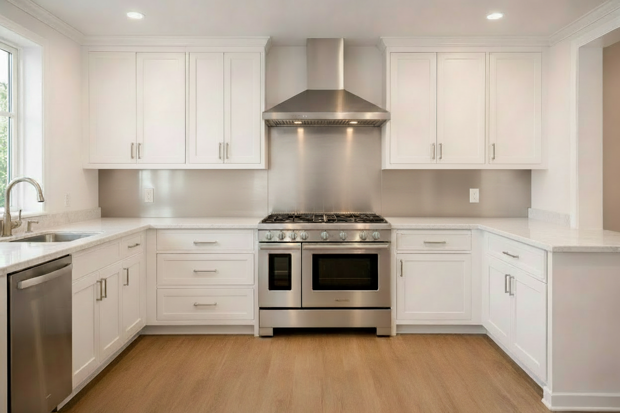 Silver Nickel Backsplash — White Shaker Kitchen