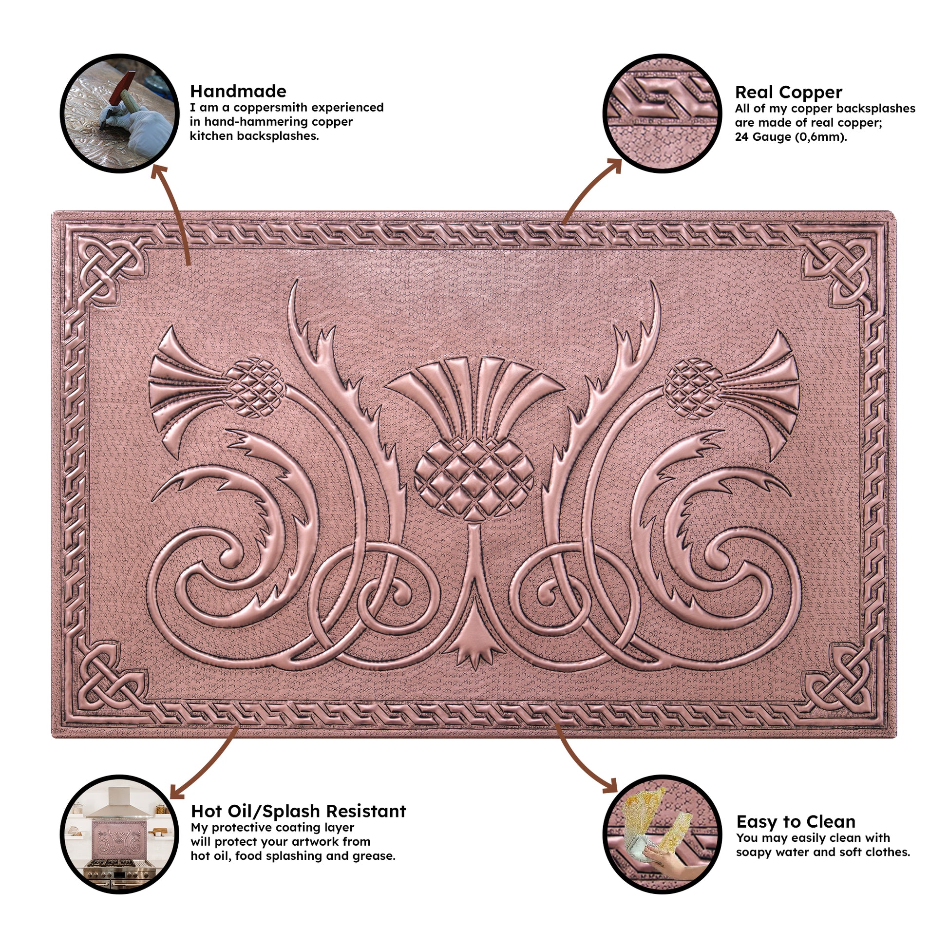 Copper Backsplash Tile (Scottish Thistle,Celtic Knot Border, Personalized)