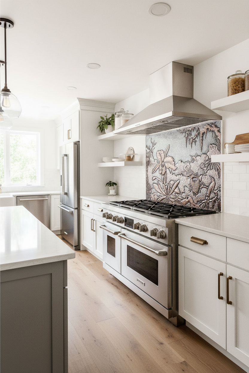 Stove Backsplash Garden Scene - bright modern kitchen