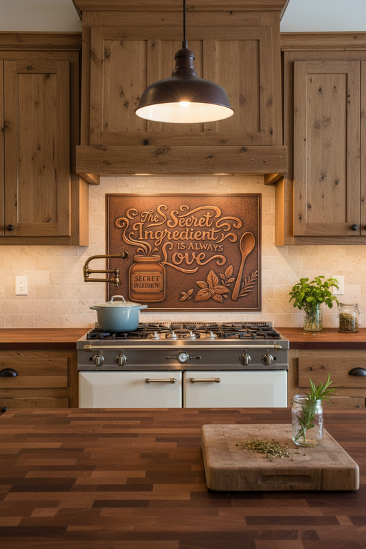 The Secret Ingredient is Always Love Copper Backsplash in Rustic Farmhouse Kitchen