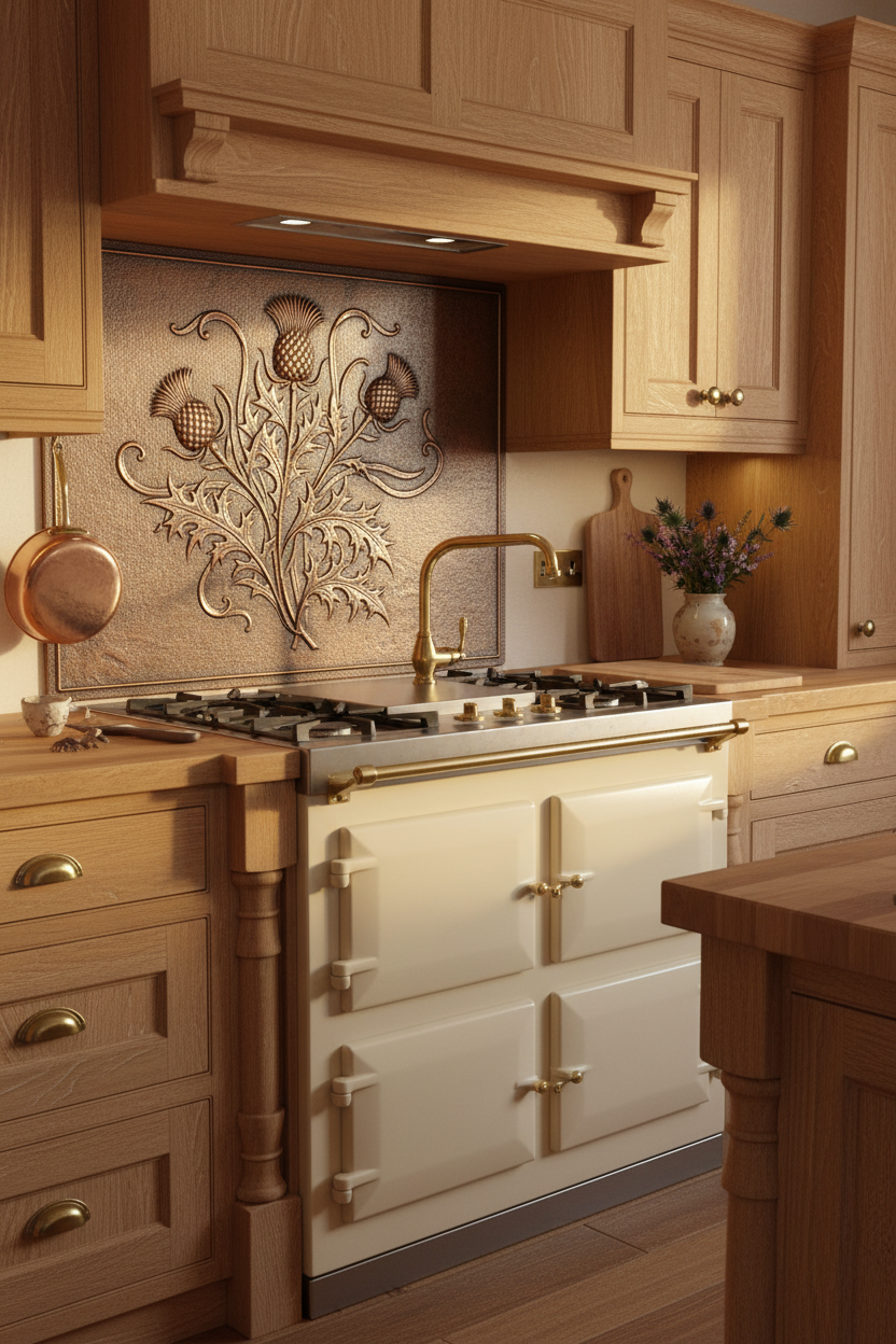 Traditional Scottish Thistle & Scroll Copper Backsplash Panel with Honey Wood Cabinets