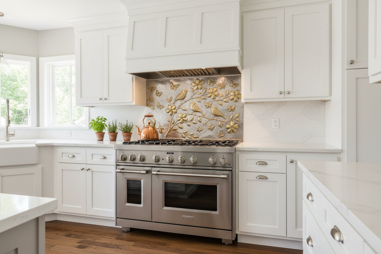 Transitional kitchen with backsplash
