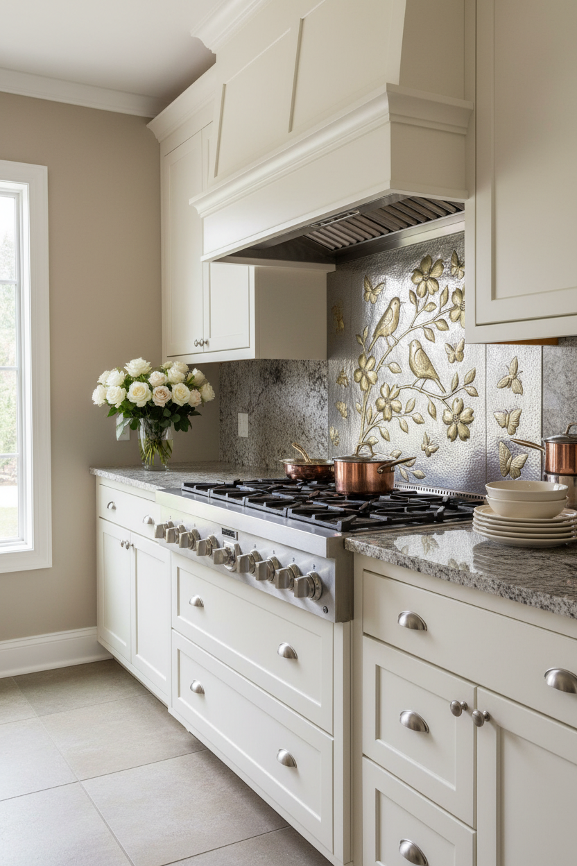 Transitional kitchen with handmade gold and silver metal backsplash featuring birds and flowers raised relief