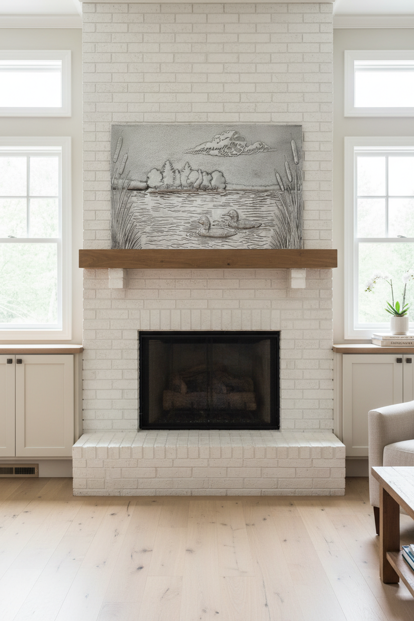 Transitional living room with silver lake scene wall art above white brick fireplace featuring ducks and forest relief