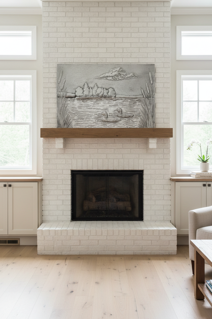 Transitional living room with silver lake scene wall art above white brick fireplace featuring ducks and forest relief