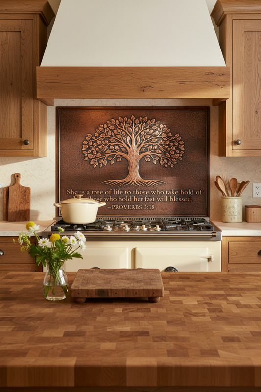 Tree of Life Bible Verse Copper Backsplash Proverbs 3:18 in Traditional Farmhouse Kitchen