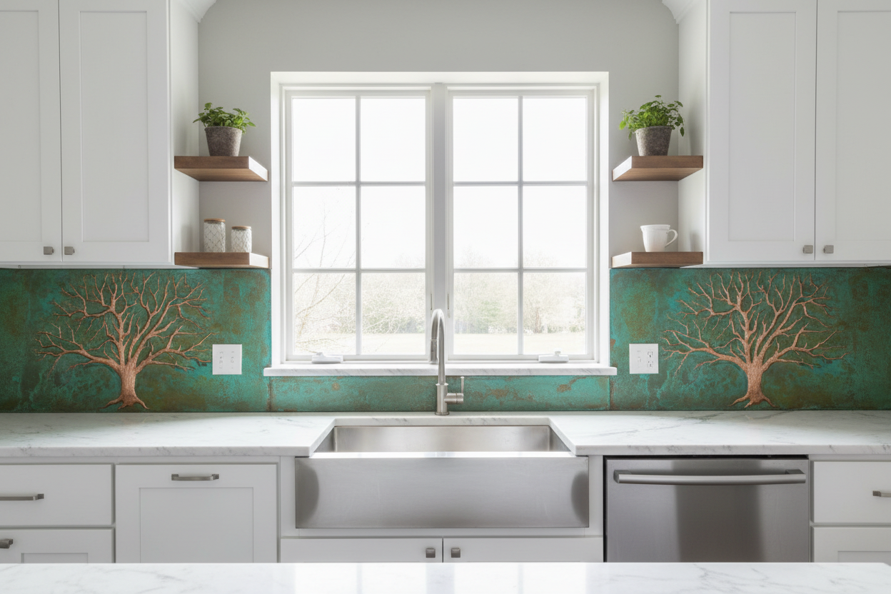 Tree of Life Copper Backsplash Around Window