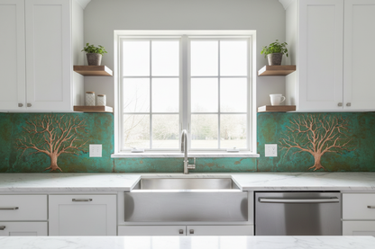 Tree of Life Copper Backsplash Around Window