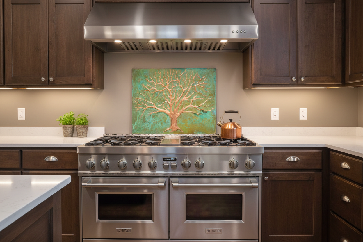 Tree of Life Copper Backsplash Behind 48" Range