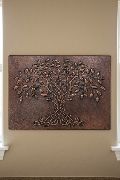 Tree of Life Copper Backsplash Brown Patina - close-up front view