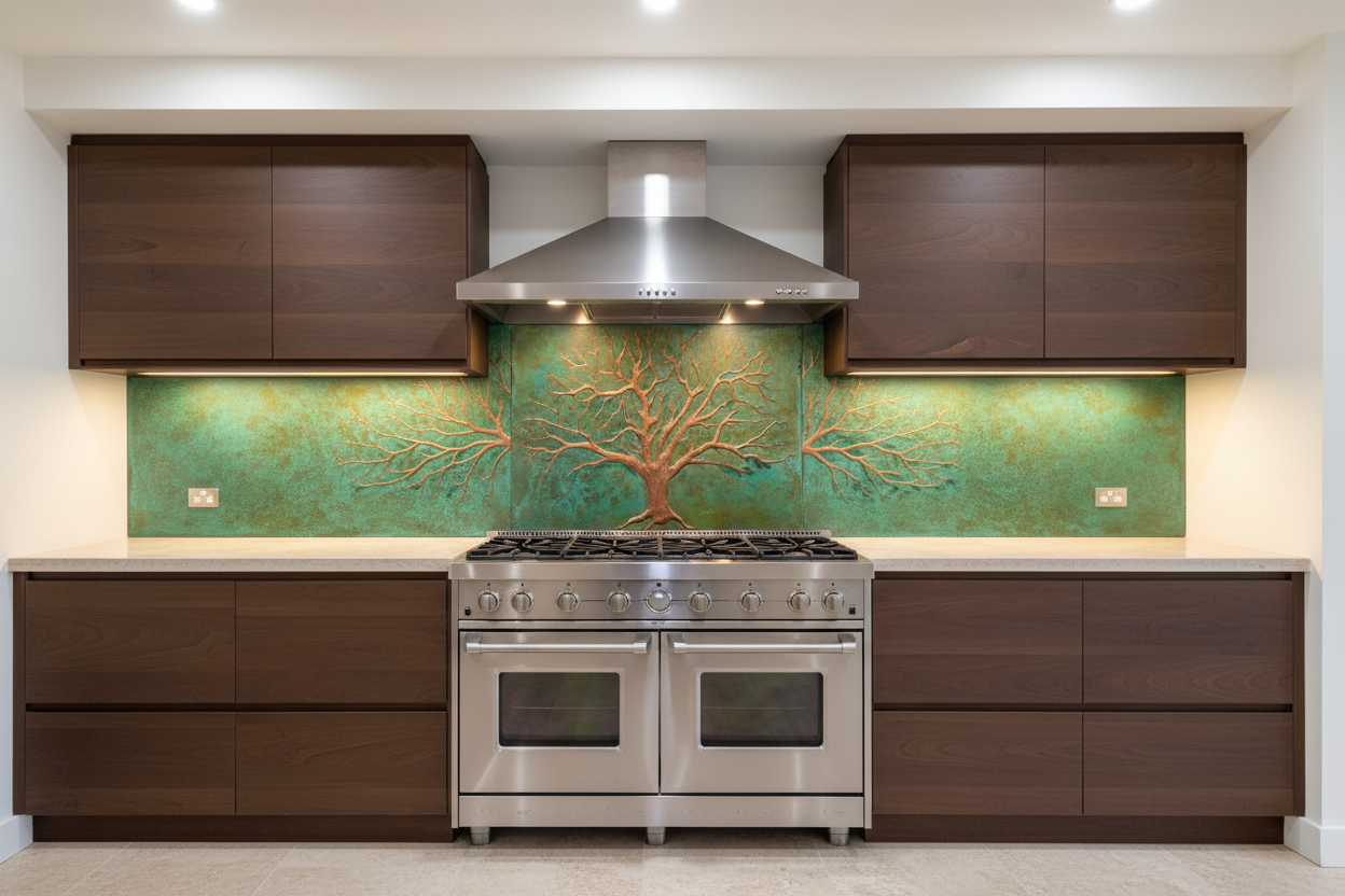 Tree of Life Copper Backsplash Full Wall Installation