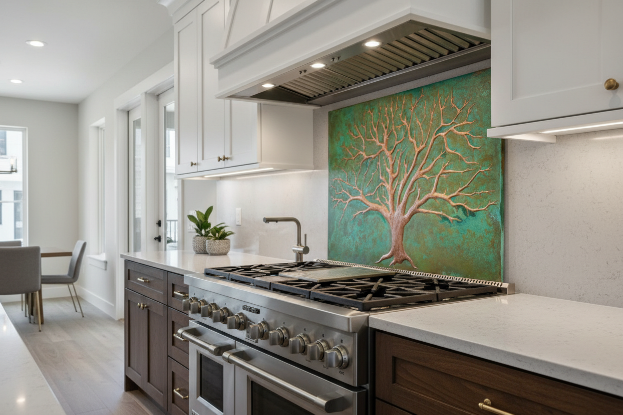 Tree of Life Copper Backsplash Kitchen Mockup