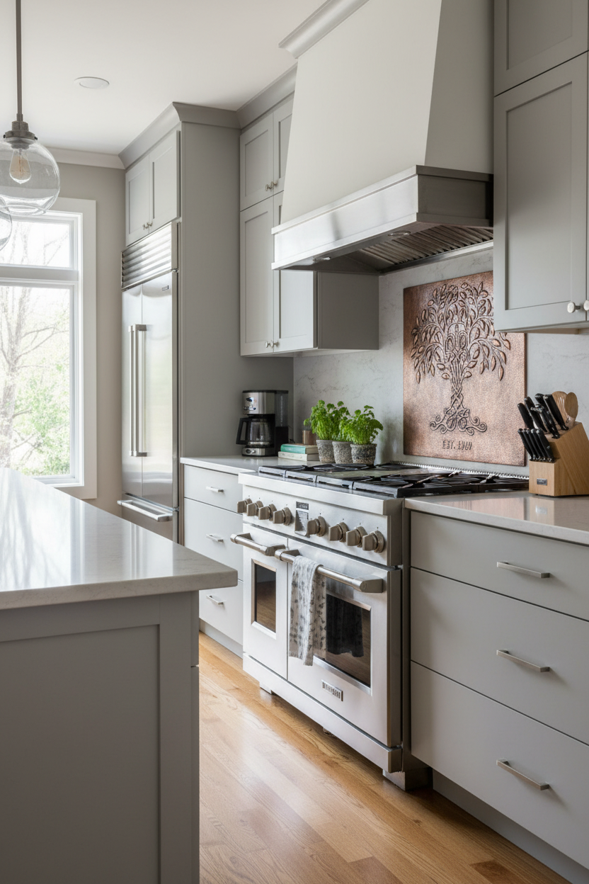Tree of Life Copper Backsplash - modern kitchen installation