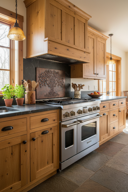 Tree of Life Copper Backsplash - rustic kitchen installation