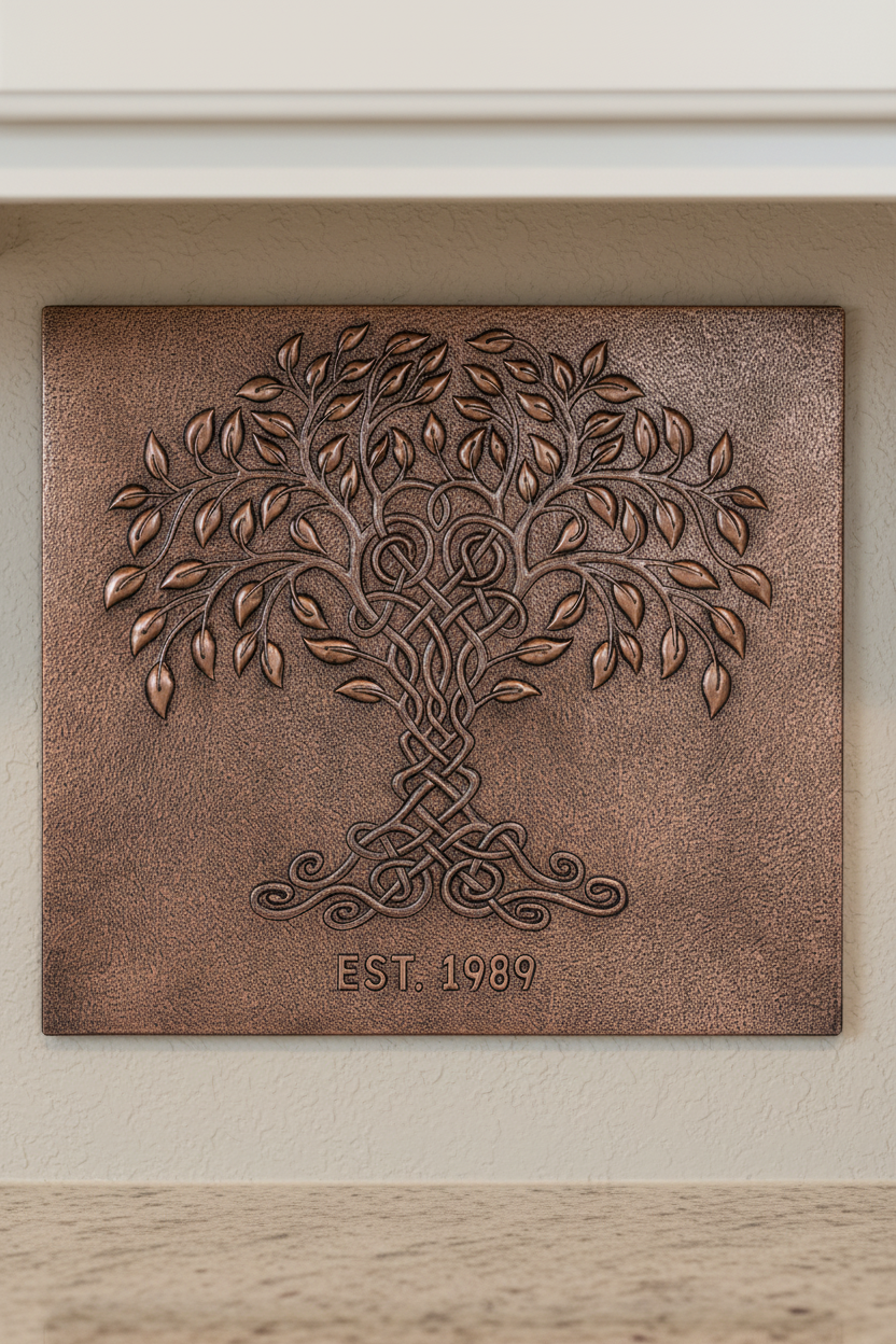 Tree of Life Copper Backsplash Tile - close-up front view