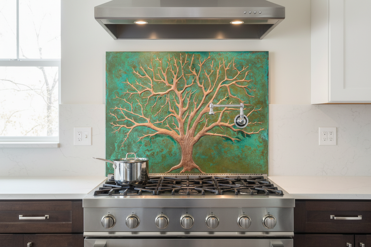 Tree of Life Copper Backsplash with Clean Pot Filler Installation