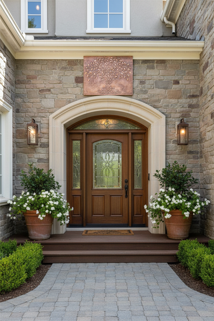 Tree of Life Copper Outdoor Wall Art Near Front Door Entrance with Welcoming Design