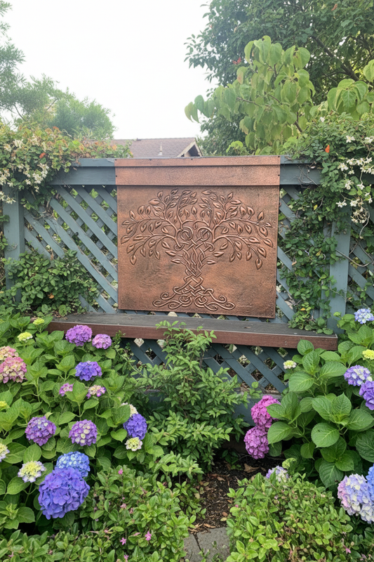 Tree of Life Copper Outdoor Wall Panel on Garden Fence with Natural Landscaping