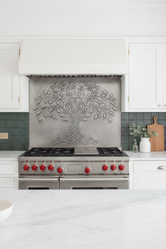 Tree of Life Silver Copper Backsplash in Scandinavian Modern Kitchen with White Cabinets