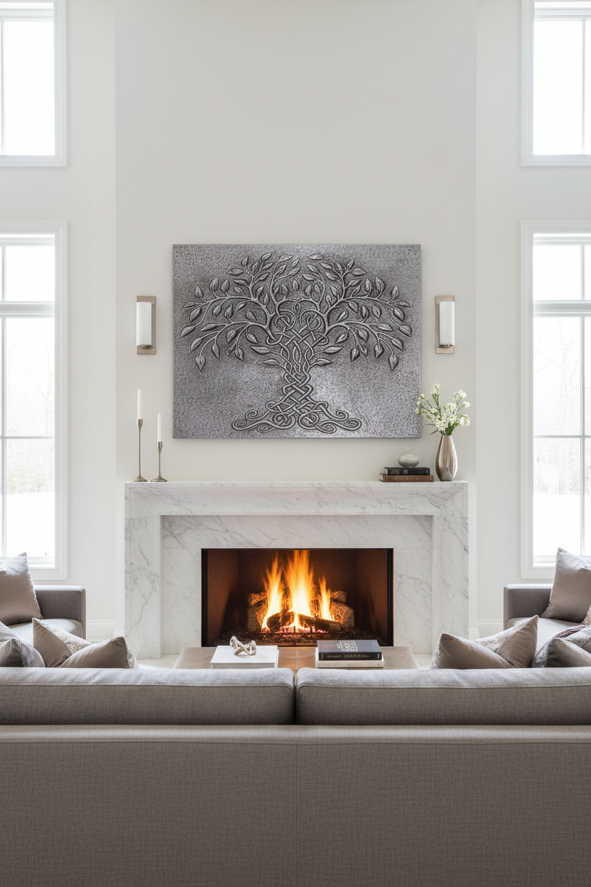 Tree of Life Silver Copper Wall Art Above Modern Fireplace in Contemporary Manor